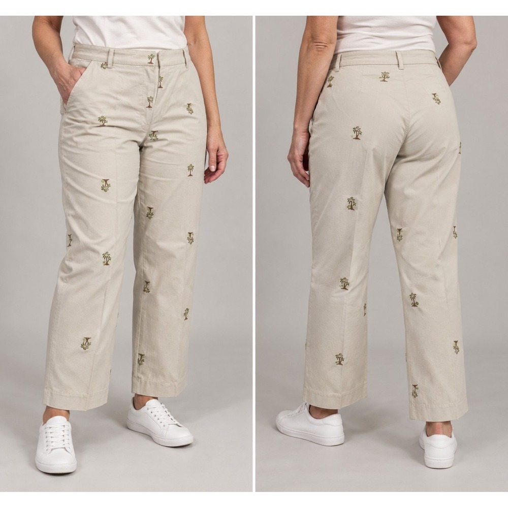 M Collection Womens Size 14 Palm Tree Embroidered Khaki Capri Pants Stretch